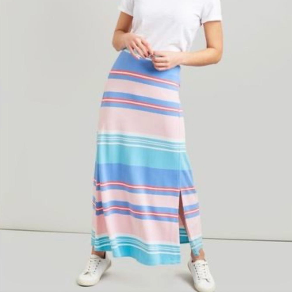 Joules Marion Jersey Maxi Skirt Blue Pink Striped Size 12 Side Slit